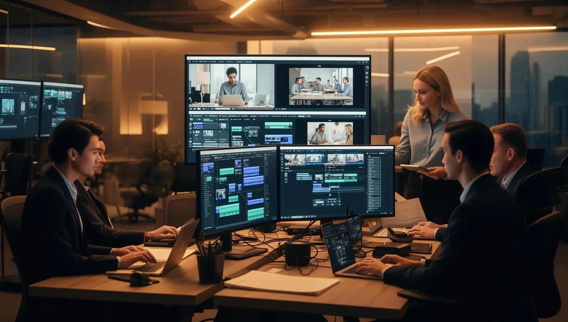 Equipo profesional colaborando con tecnología de inteligencia artificial en producción audiovisual